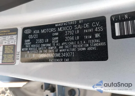 2021 Kia Forte Lxs из США, поврежденный, VIN 3KPF24AD9ME349071